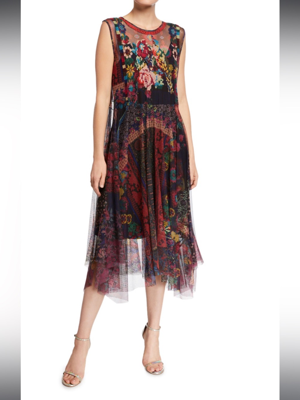 NWT Johnny Was Embroidered Whiloy Mesh Tiered Maxi Dress Burgundy Floral Boho S